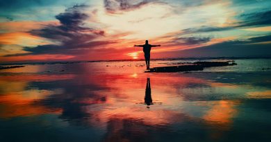 silhouette of person standing on rock surrounded by body of water